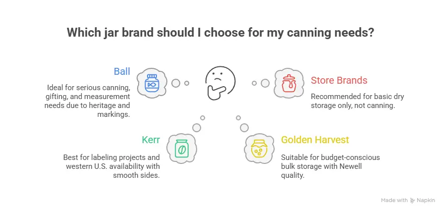 Infographic comparing four canning jar brands: Ball jars for serious canning, Kerr jars for labeling projects, Store Brands for dry storage, and Golden Harvest for budget-conscious bulk storage