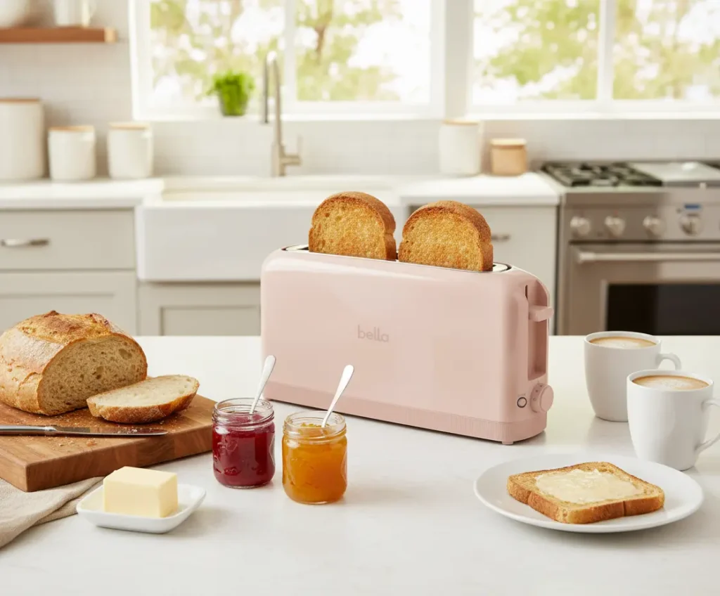 Pink Bella 2-slice toaster with golden toasted bread slices, breakfast setting with fresh bread, butter, and jam on modern kitchen counter