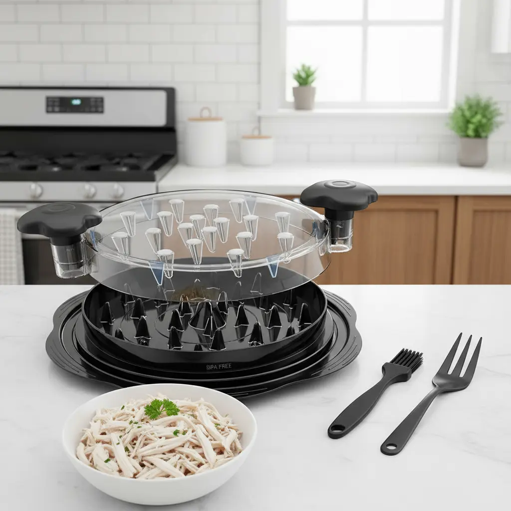 Large chicken breast shredder tool with transparent lid, metal spikes, ergonomic black handles, anti-slip strip, BPA free construction, accessories including brush and fork, bowl of shredded chicken in modern kitchen