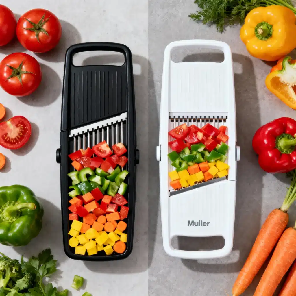 Side by side comparison of two professional vegetable choppers with colorful diced vegetables, fresh produce, and multiple blade attachments on modern kitchen counter