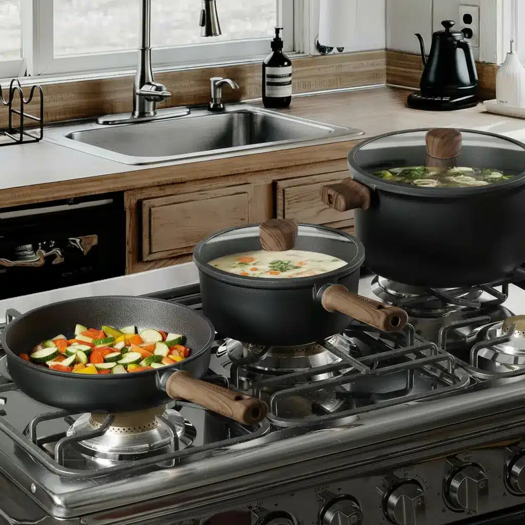 Set of non-stick cookware including frying pan and two lidded saucepots with wooden handles placed on modern kitchen stovetop in bright natural light