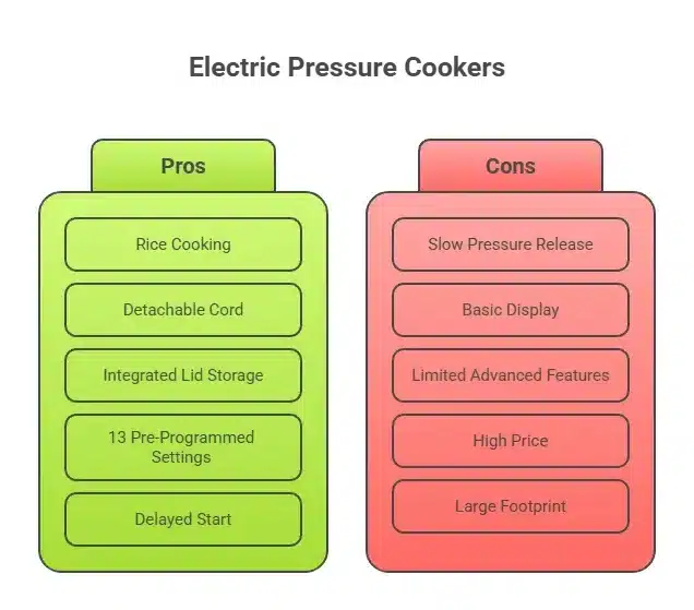 COSORI 6 Qt Electric Pressure Cooker pros and cons comparison chart showing benefits and limitations