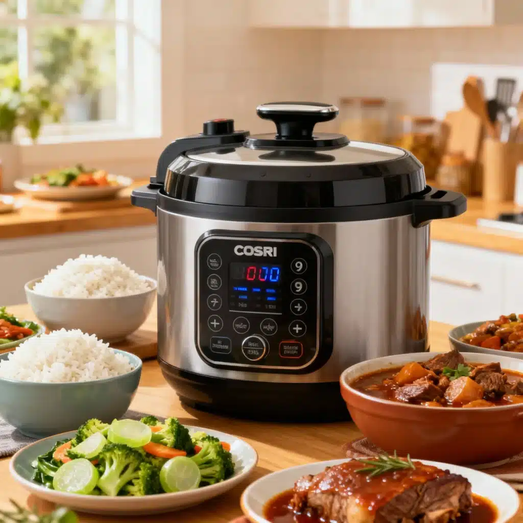 COSORI pressure cooker with nine cooking functions demonstrated through multiple prepared dishes including rice, steamed vegetables, slow cooked stew, and sous vide meat