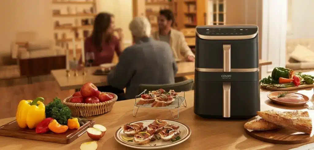 COSORI Turbo Tower Pro Smart air fryer with food spread including vegetables, bread, and appetizers on modern kitchen counter