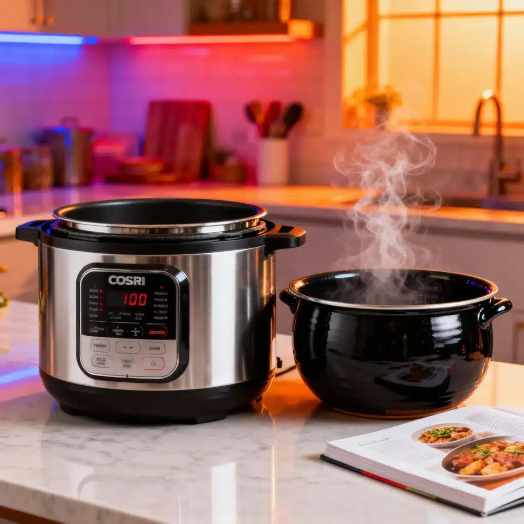 COSORI Electric Pressure Cooker dishwasher-safe accessories including metal steam rack, silicone sealing ring, measuring cup and serving spoon on kitchen counter