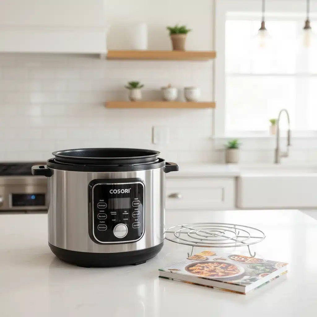 COSORI 6 Quart Electric Pressure Cooker with stainless steel exterior, ceramic inner pot, steam rack and accessories displayed on vibrant modern kitchen counter - 2025 Instant Pot alternative review