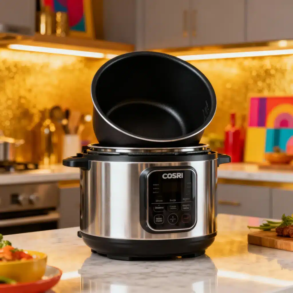 COSORI 6 quart stainless steel pressure cooker with black ceramic inner pot, compact countertop multi-cooker design on modern kitchen background