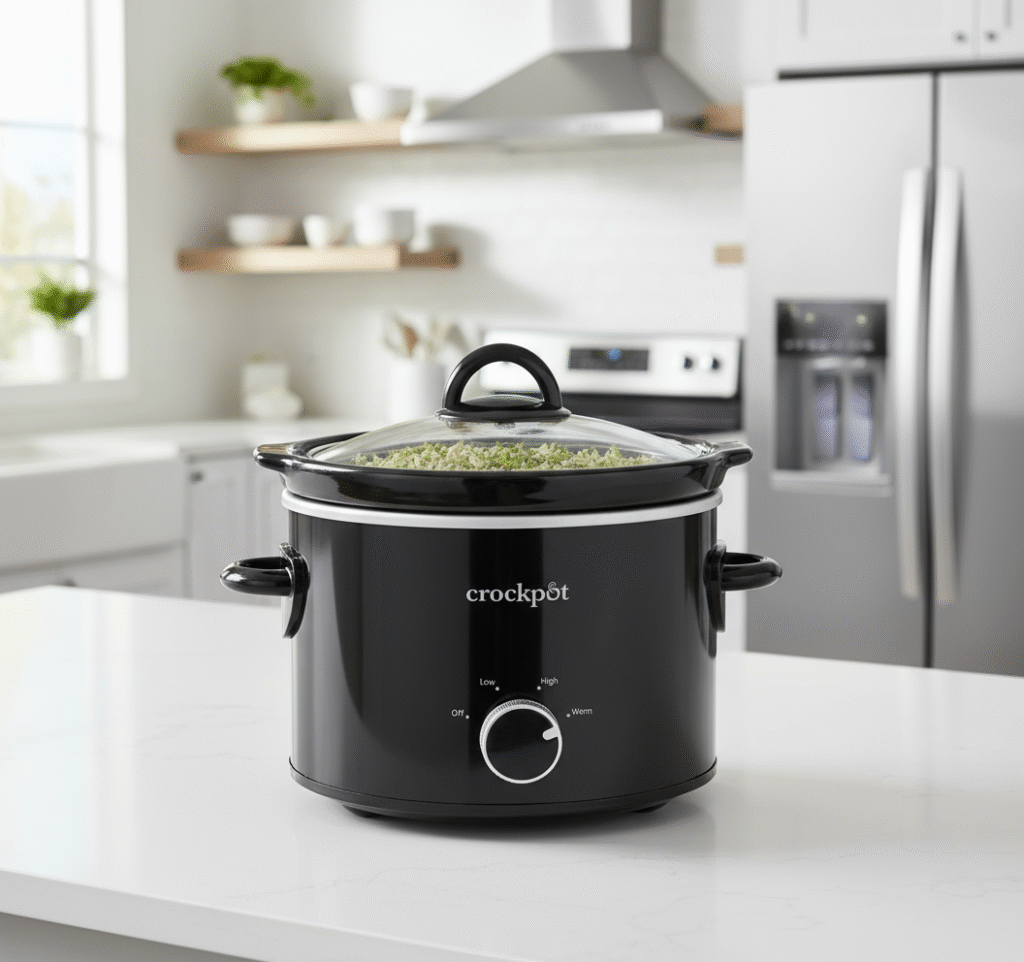 Crock-Pot slow cooker with cooked rice and herbs visible through glass lid on kitchen counter