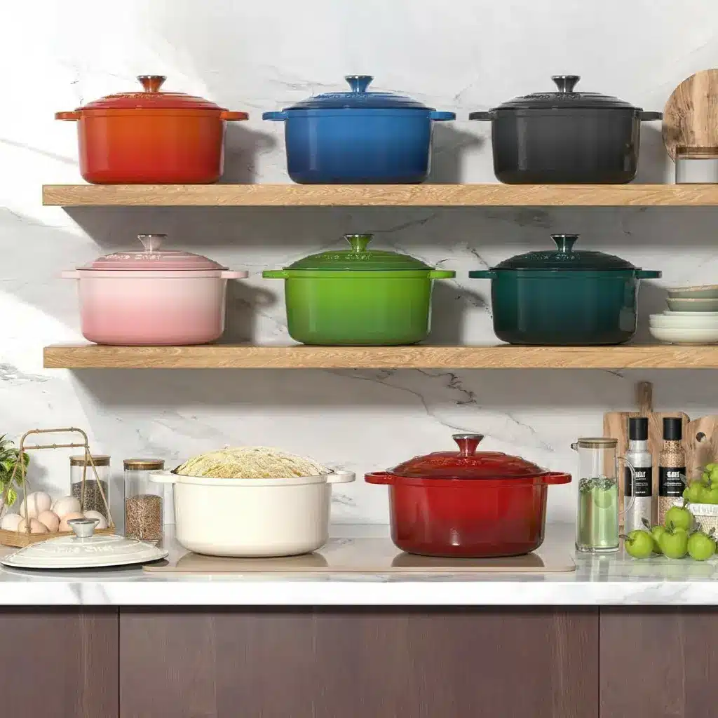 Multi-color cast iron Dutch ovens displayed on wooden kitchen shelves with marble backsplash, elegant countertop with kitchen accessories and fresh produce in modern kitchen