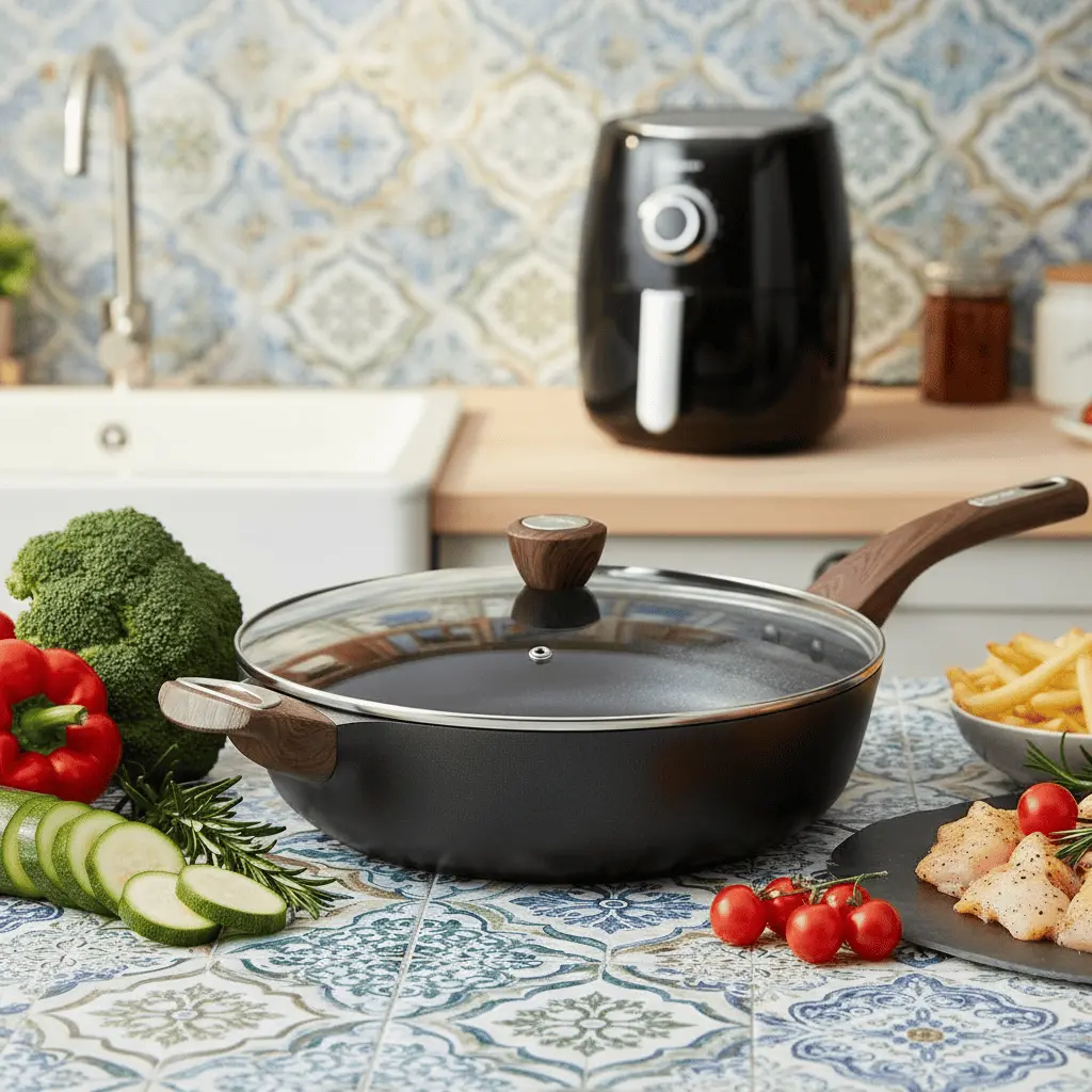 Poêle antiadhésive 30 cm moderne avec couvercle sur fond coloré de cuisine, ingrédients frais autour, image carrée accrocheuse pour blog promotionnel