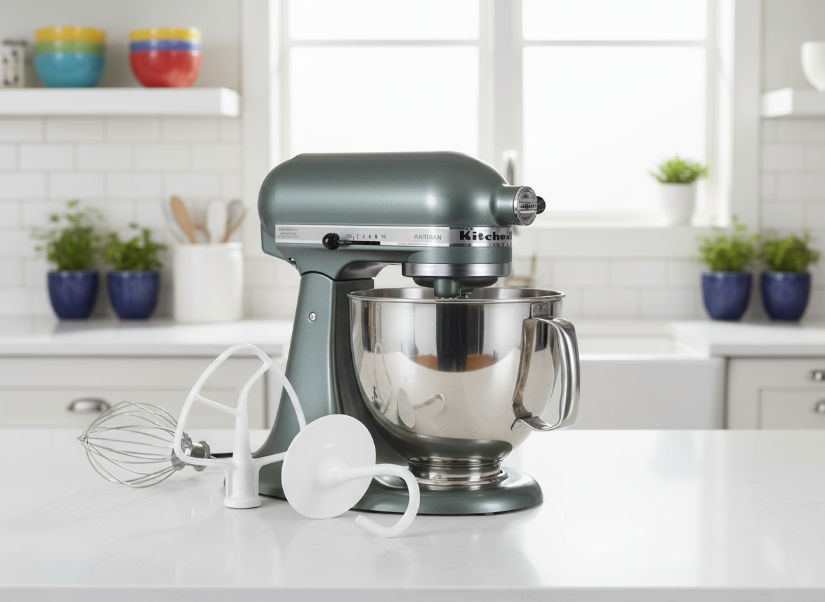 KitchenAid Artisan stand mixer with stainless steel bowl and complete attachment set