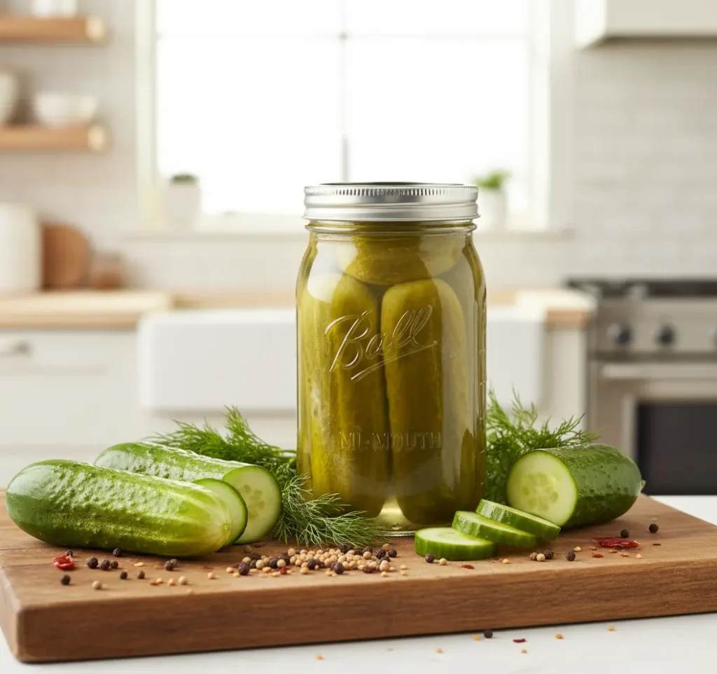 Glass mason jar with pickled cucumbers, fresh cucumbers arranged artistically, dill herbs, pickling spices scattered on rustic wooden cutting board with natural sunlight in modern kitchen