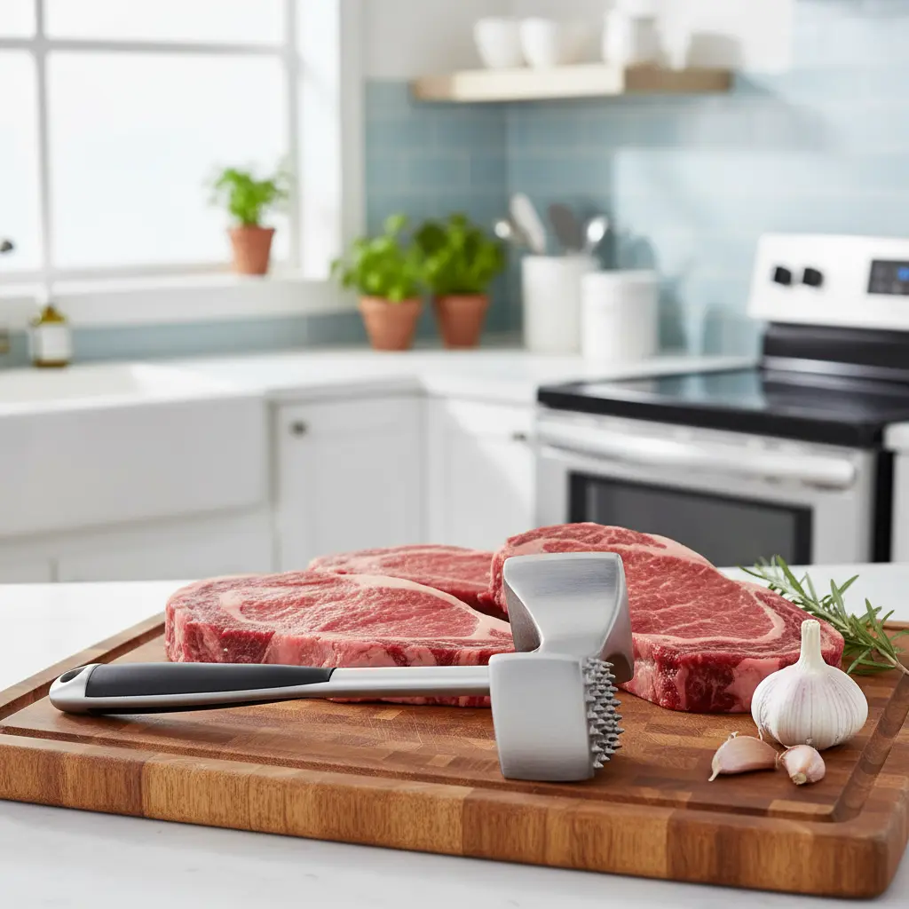 Stainless steel meat tenderizer hammer with textured pounding surface and ergonomic black handle, fresh raw steaks on wooden cutting board in vibrant modern kitchen