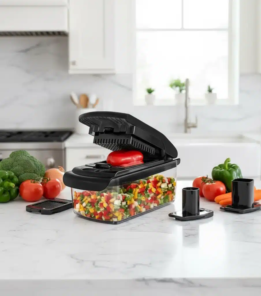 Mueller multi-blade vegetable chopper with clear container filled with diced purple onions, multiple interchangeable blades displayed, fresh vegetables on marble countertop