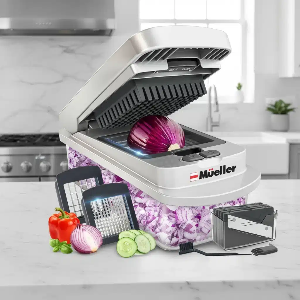 Multi-function vegetable chopper with interchangeable blades and clear container filled with colorful diced vegetables on marble kitchen countertop