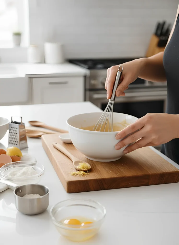 Professional Cooking in Modern Kitchen with Essential Gadgets Person whisking ingredients in a white bowl using kitchen gadgets on a wooden board in a modern kitchen