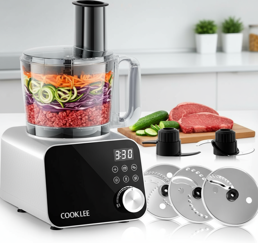 Cooklee food processor with spiralizer and meat grinder attachments