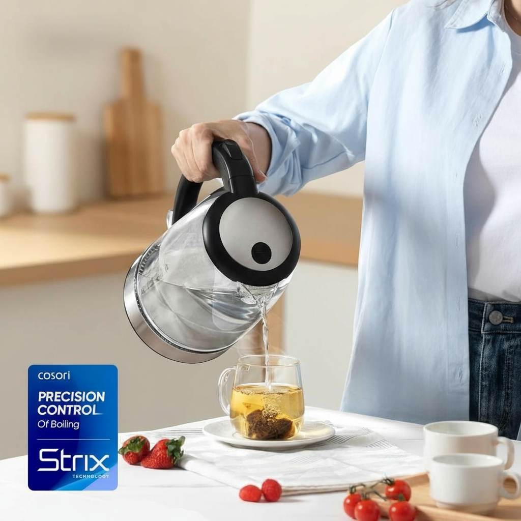 Cosori electric kettle with precision temperature control pouring tea