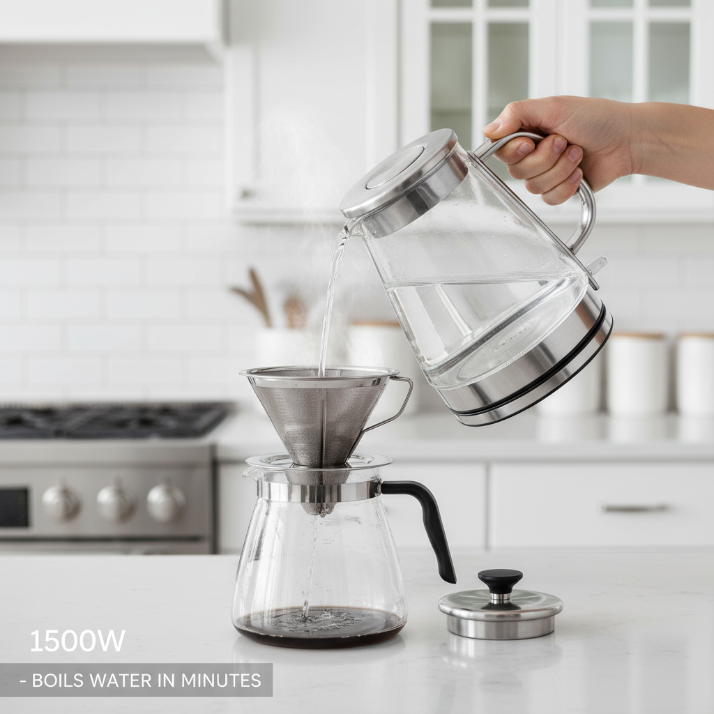 1500W electric kettle with glass carafe pouring hot water