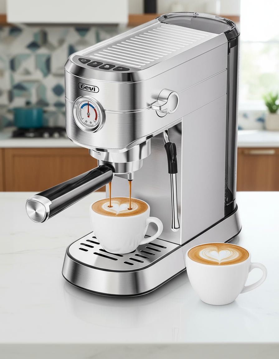 GEVI espresso machine in stainless steel with cappuccino maker and milk frother