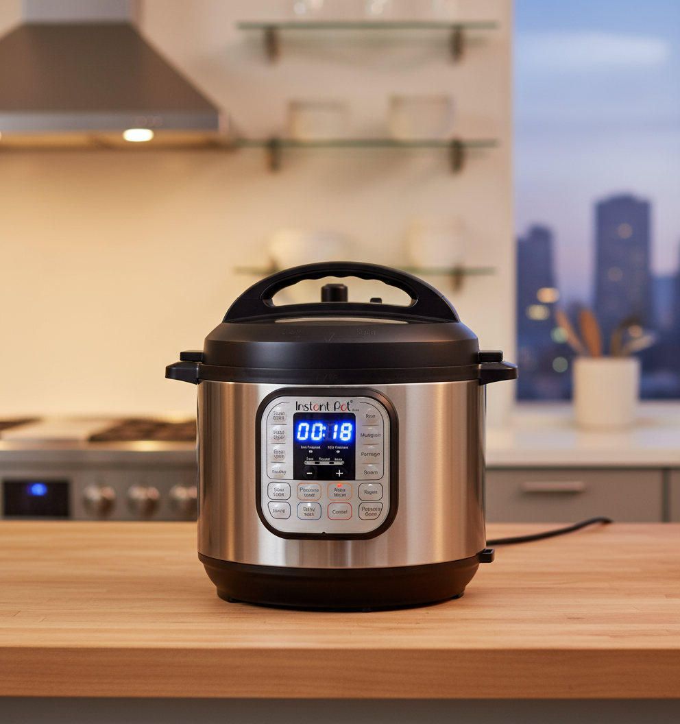 Instant Pot Duo electric pressure cooker with blue digital display