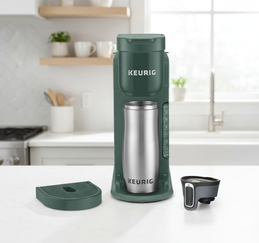 Keurig single-serve coffee maker with travel mug and compact design