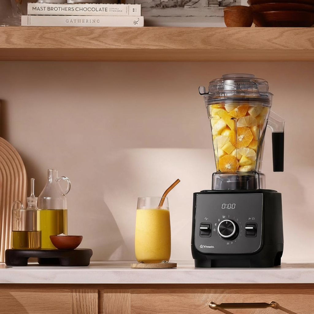 Vitamix blender with citrus smoothie demonstrating cabinet-friendly size